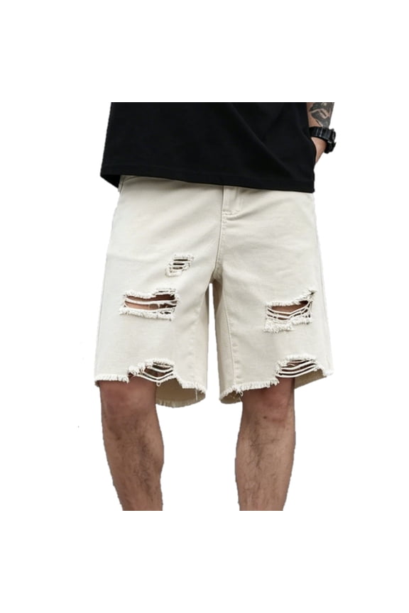 Men's Streetwear Y2K Denim Shorts, Heavy Ripped Distressed Jean Shorts, Vintage Washed Loose Fit Skater Shorts, Knee Length Summer Fashion