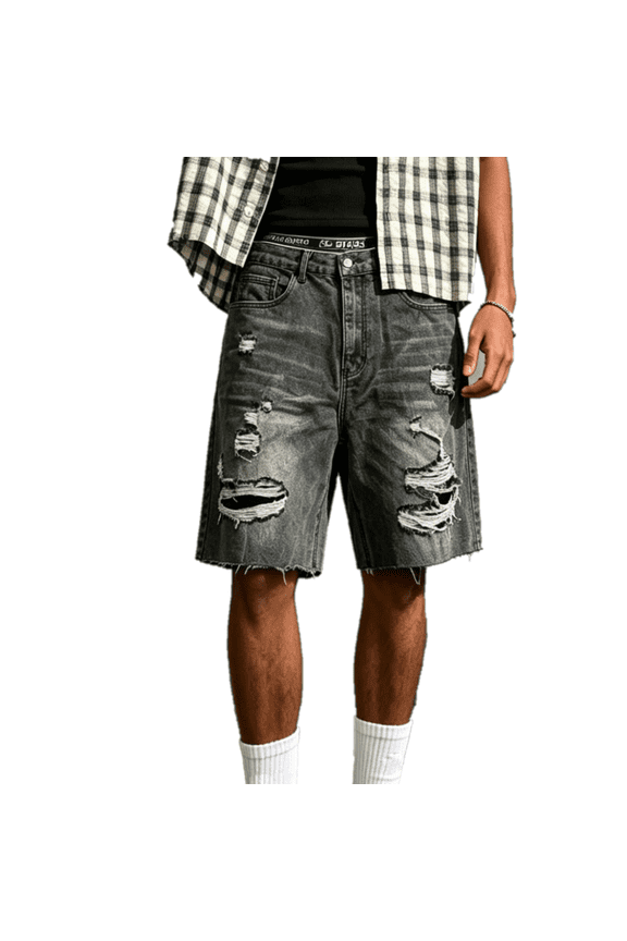 Men's Streetwear Y2K Denim Shorts, Heavy Ripped Distressed Jean Shorts, Vintage Washed Loose Fit Skater Shorts, Knee Length Summer Fashion