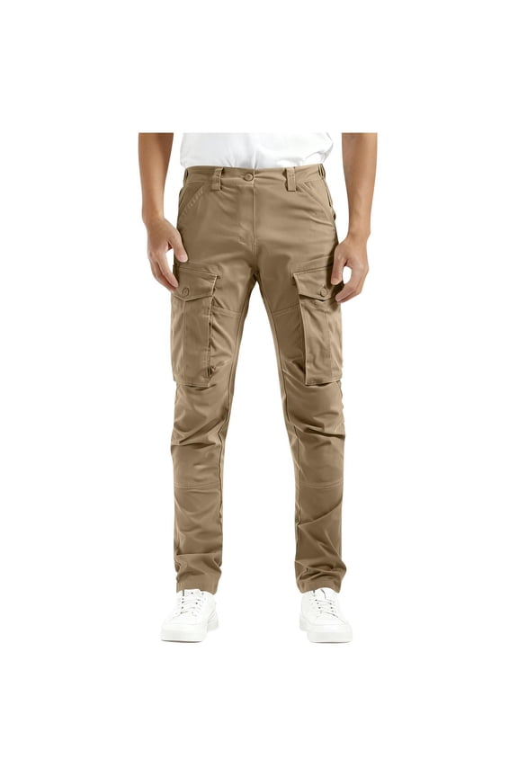 Men's Stretch Cargo Pants - Slim Fit 6-Pocket Hiking Work Casual Trousers,Khaki,Medium