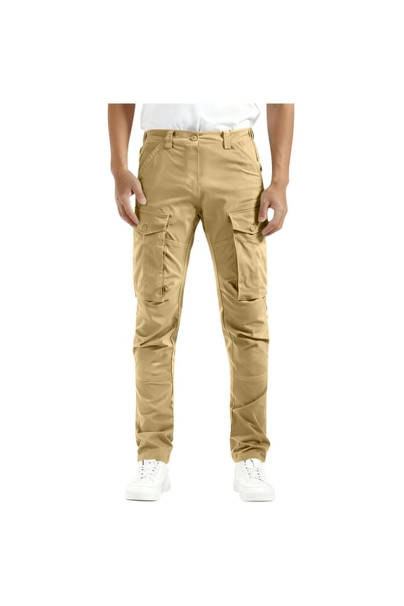Men's Stretch Cargo Pants - Slim Fit 6-Pocket Hiking Work Casual Trousers,Yellow,Small