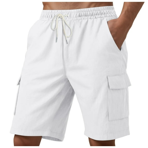 Men's Casual Stretch Cargo Shorts Classic Drawstring Elastic Waist Summer Work Short with Multi Pockets Linen Pants Running Workout