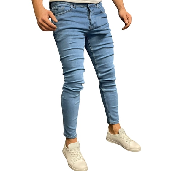 Men's Stretch Denim Jeans Comfortable Athletic Fit Casual Bodybuilding Pants with Pocket Summer Sports Lightweight Durable Fashion