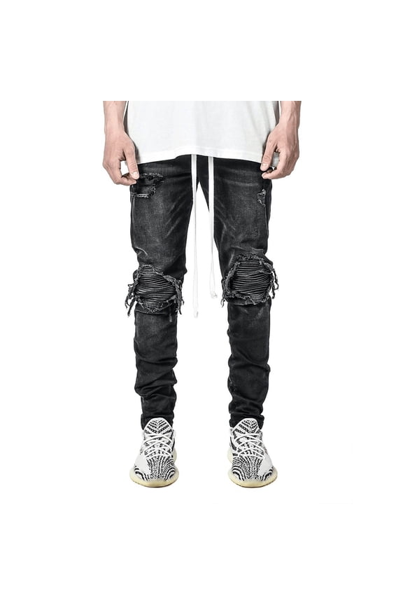 Men's Stretch Denim Jeans Ripped Patch Sewn Trousers Comfortable Slim Fit Casual Pants for Male
