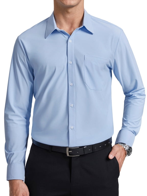 Mens Button Down Business Shirts Long Sleeve Non Iron Stretch Dress Shirt Wedding Formal Blue Shirt