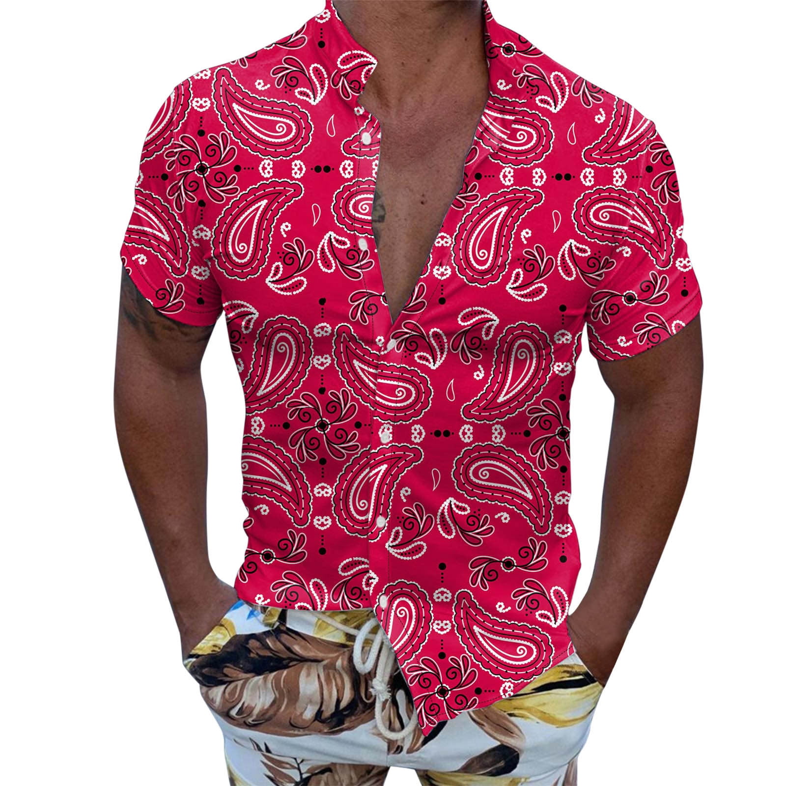 Men's Stretch Dress Shirts Short Sleeve Spring Summer Lapel Neck 3D Printed RegularFit Blouse