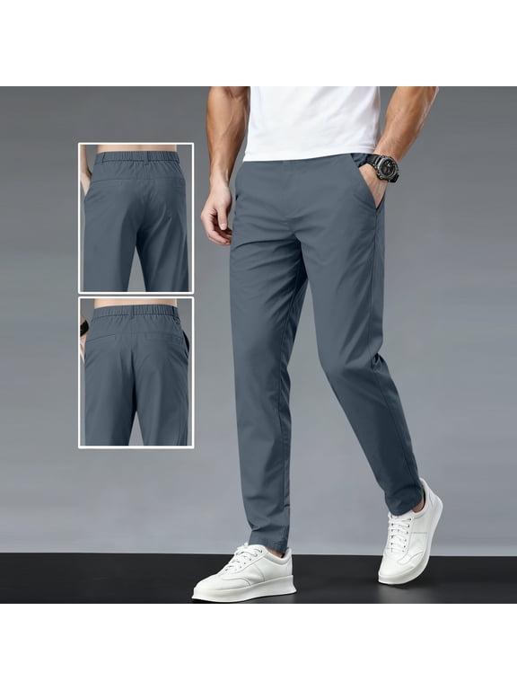 Men's Stretch Lightweight Casual Pants Elastic Waist Straight Leg Business Trousers with Back Pockets for Work Daily Spring Fall