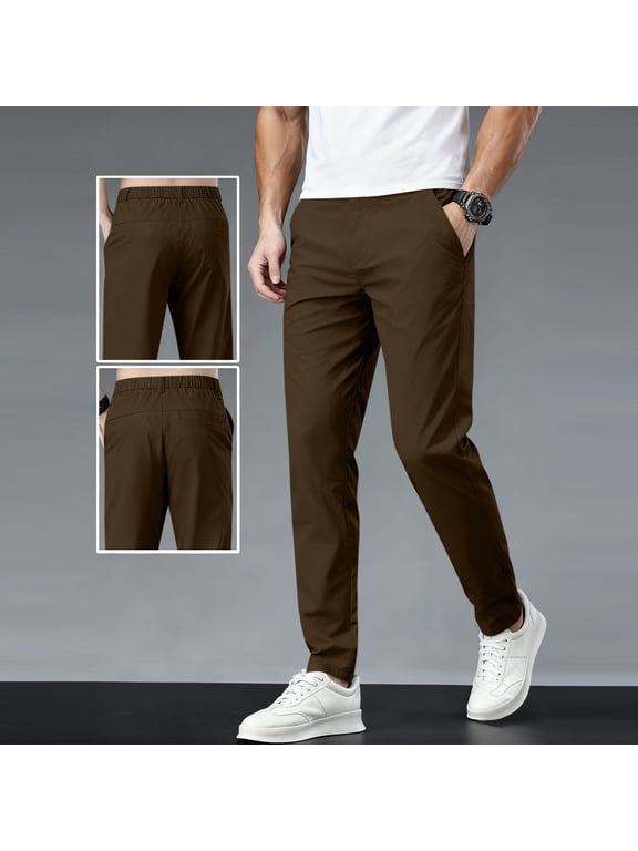 Men's Stretch Lightweight Casual Pants Elastic Waist Straight Leg Business Trousers with Back Pockets for Work Daily Spring Fall