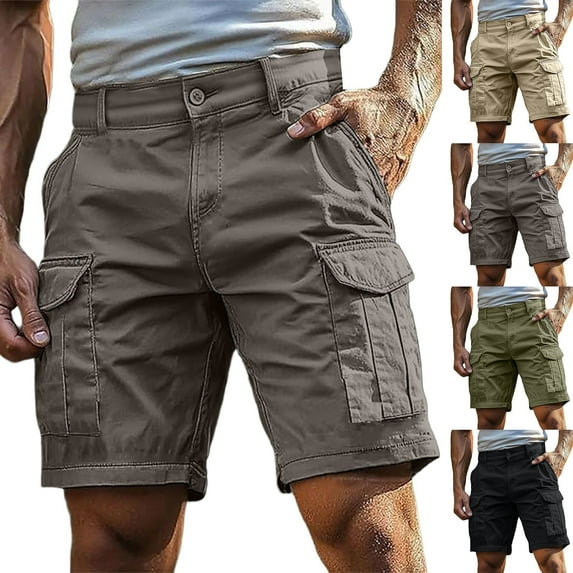 Men’s Stretch Pull-On Cargo Shorts Casual Flat Front Chino Shorts Summer Elastic Waist Pull On Short Bermuda Shorts Utility Hiking Wear (Black_01 , L)