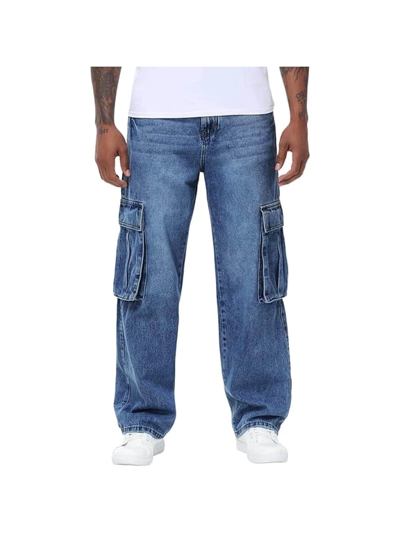 Men's Stretch Relaxed Fit Denim Pants Straight Leg Baggy Cargo Jeans with Multi Pockets Size S-2XL Dark Blue