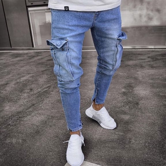 Men's Stretch Ripped Cargo Jeans, Slim Tapered Fit Distressed Denim Pants with Side Pockets & Ankle Zipper, Casual Streetwear Skinny Jogger Denim for Men