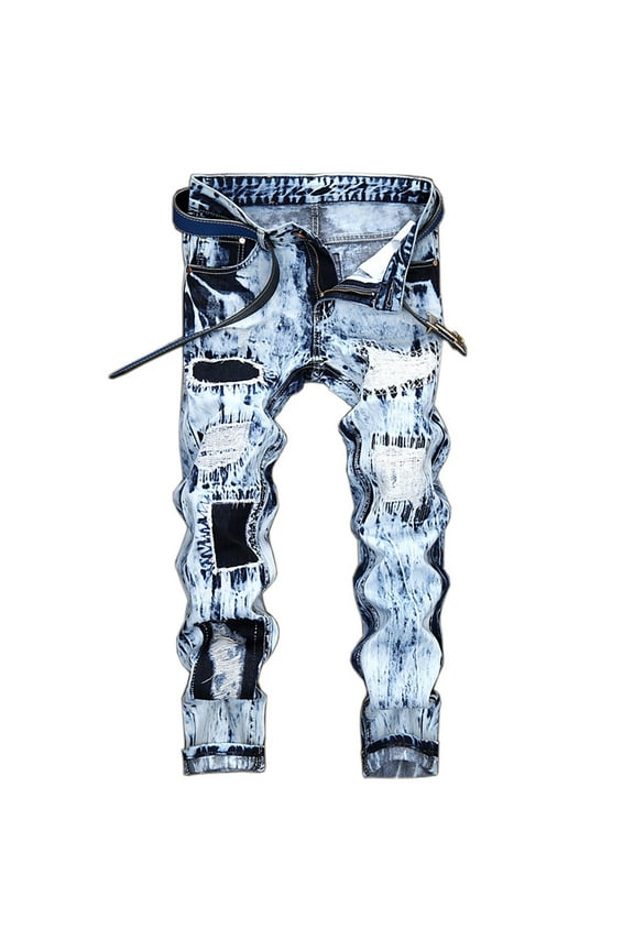 Men's Stretch Ripped Distressed Destroyed Skinny Jeans Classic Washed Jeans with Embroidered Design, Street Style Regular Jeans Slim Fit Denim Pants Comfy No Belt Light Blue