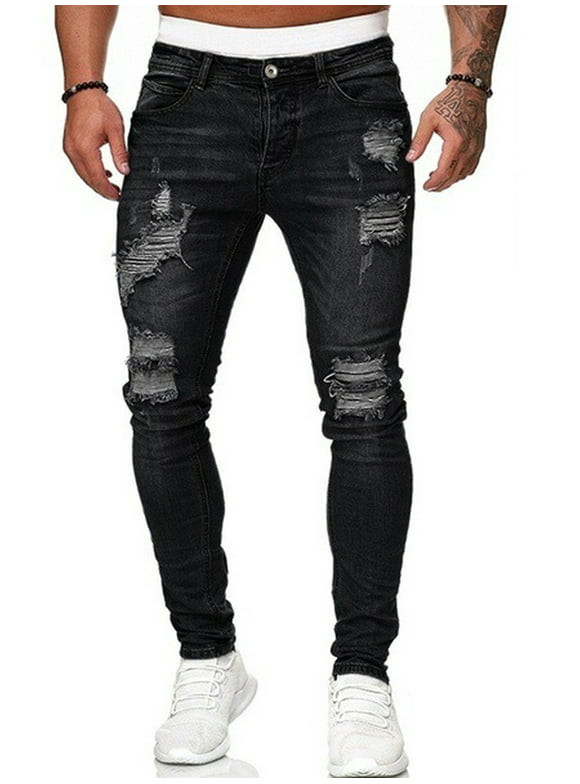 Men?s Stretch Skinny Ripped Jeans, Super Comfy Distressed Denim Pants with Destroyed Holes