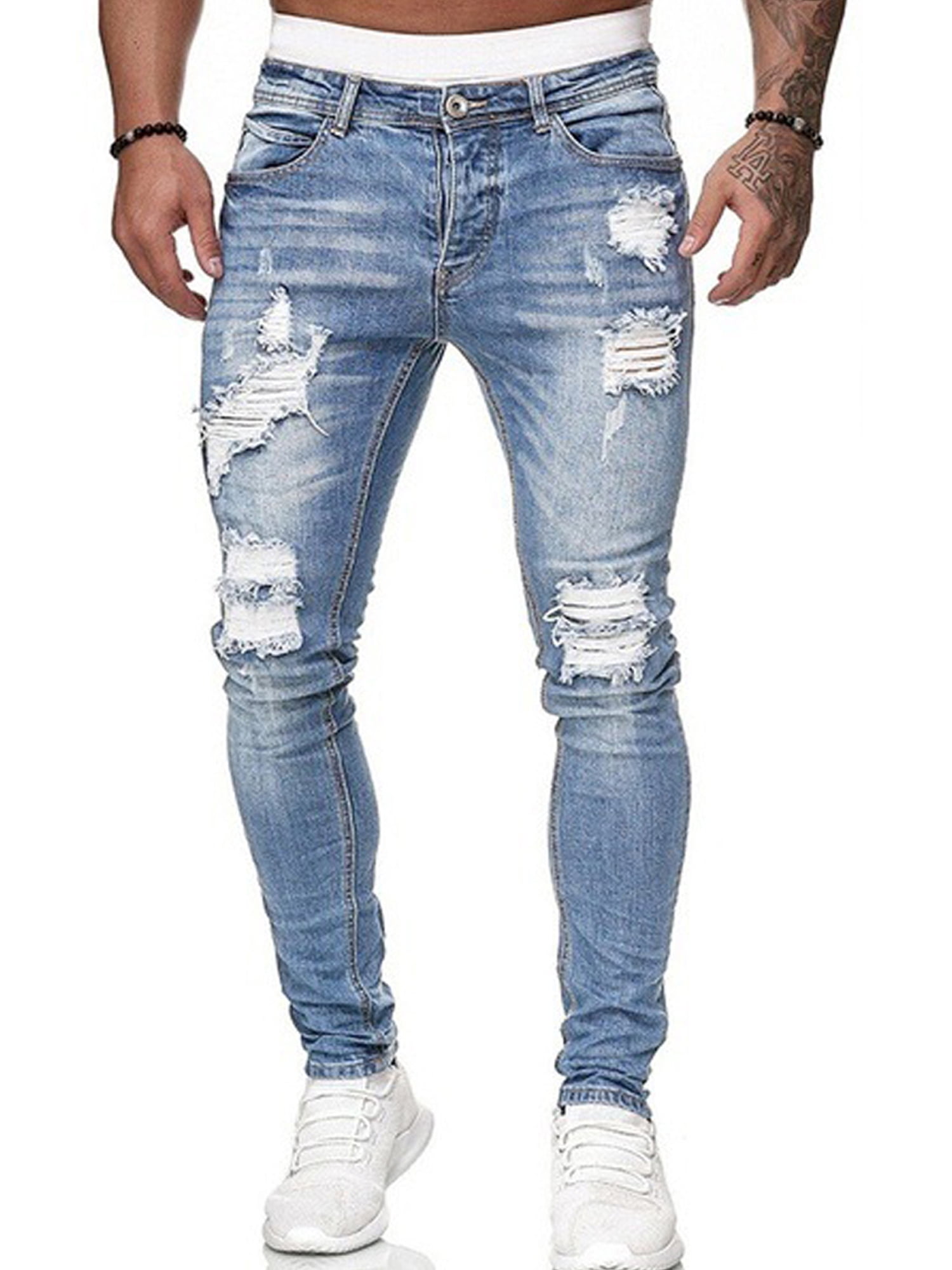 Y2k Pleated Slim Ripped Jeans Men's Washed Distressed Seasons Streetwear  Hip Hop Big Destroyed Biker Skinny