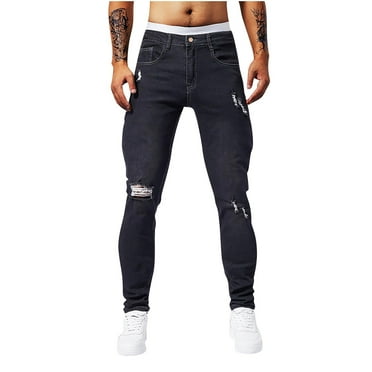 Men's Stretch Slim Fit Denim Pants Ripped Frayed Hollow Out Distressed Jeans Solid Color Bell Bottom Pants