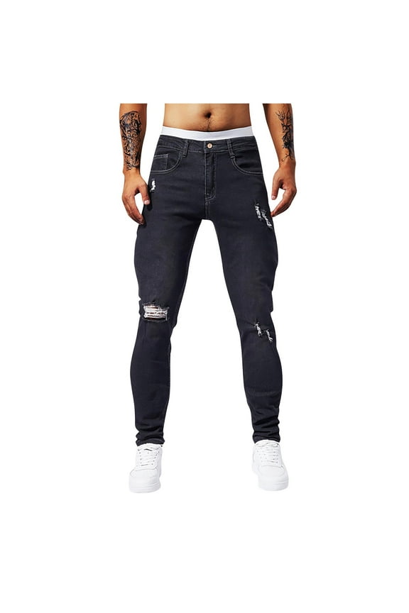 Men's Stretch Slim Fit Denim Pants Ripped Frayed Hollow Out Distressed Jeans Solid Color Bell Bottom Pants