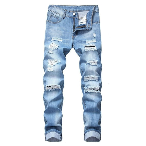 Men's Stretch Slim Fit Jeans Ripped Distressed Straight Leg Denim Pants for Motorcycle Riding Comfortable Durable Fashion