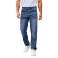thumbnail image 1 of Men's Stretch Straight Leg Denim Jeans Zipper Button Classic Jeans Street Style Regular Jeans Relaxed Fit Pants Comfy Blue, 1 of 9