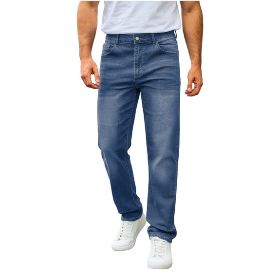 Men's Stretch Straight Leg Denim Jeans Zipper Button Classic Jeans Street Style Regular Jeans Relaxed Fit Pants Comfy Blue