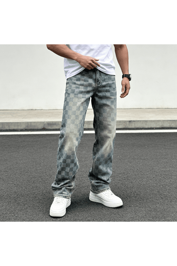 Men's Stretch Straight Leg Jeans - Vintage Checkerboard Print Denim Pants, Flex Fit Distressed Washed Trousers for Casual & Street Style