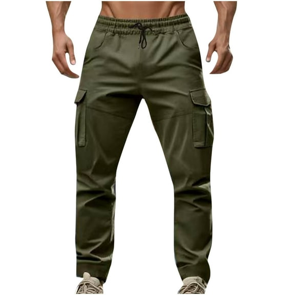 Men's Stretch Tactical Pants Casual Cargo Joggers Pants Solid Color Vintage Drawstring Pockets Workwear Pants