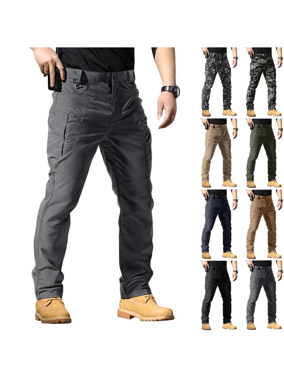 Men's Stretch Tactical Pants,Water Resistant Ripstop Cargo Pants,Lightweight Outdoor Work Hiking Pants with Pockets(No Belt) Black L