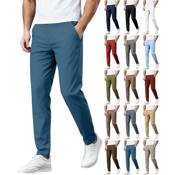 Men's Stretch Waist Casual Pants Solid Color Slim Fit Trousers with Pockets Comfortable Dress Slacks for Work & Daily Wear