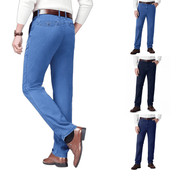 Men's Stretch Waist Jeans for Older Men Over 60 Comfort Casual Denim Pants Without Belt Light Blue 38