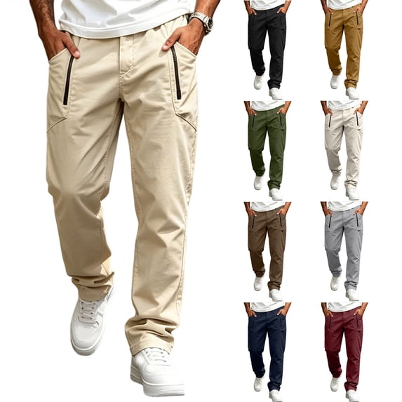 Men's Stretch Work Pants Quick Dry Cargo Trousers with Elastic Waist Zipper Pockets Straight Leg Utility Pants for Outdoor Hiking