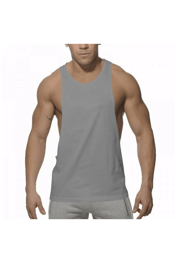 Men's Stringer Shirt Quick Dry Workout Tank Top Gym Muscle Tee Fitness Bodybuilding Sleeveless T Shirt Y Back Cotton Size 2XL Gray