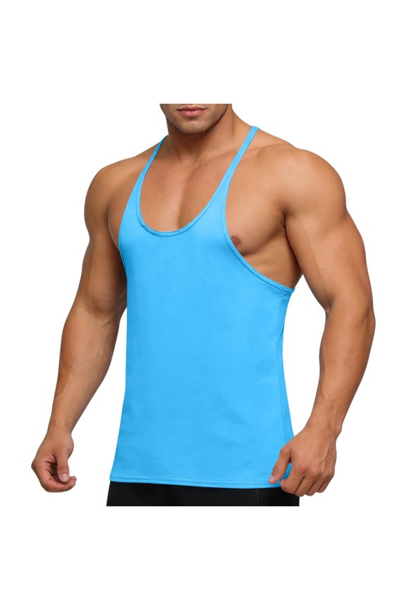Men's Stringer Tank Tops Muscule Cut Bodybuilding Gym Vest Y-Back Workout Quick Dry Sleeveless T-Shirt Size 3XL Light Blue