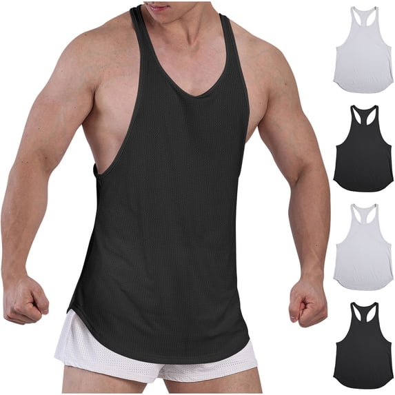 Men's Stringer Tank Tops Muscule Cut Bodybuilding Gym Vest Y-Back Workout Sleeveless T-Shirt Quick Dry Size M-3XL White