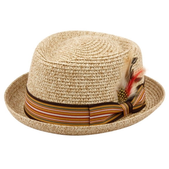 Men's Stripe Band Removable Feather Straw Porkpie Fedora Sun Hat
