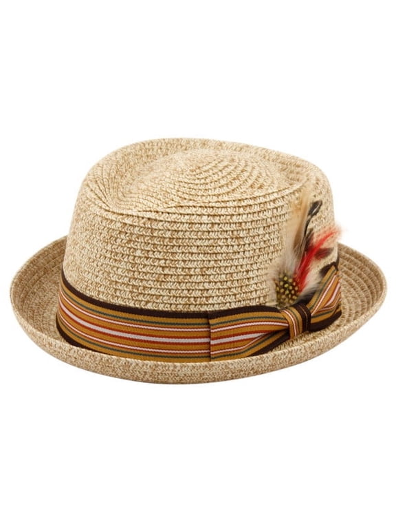 Men's Stripe Band Removable Feather Straw Porkpie Fedora Sun Hat