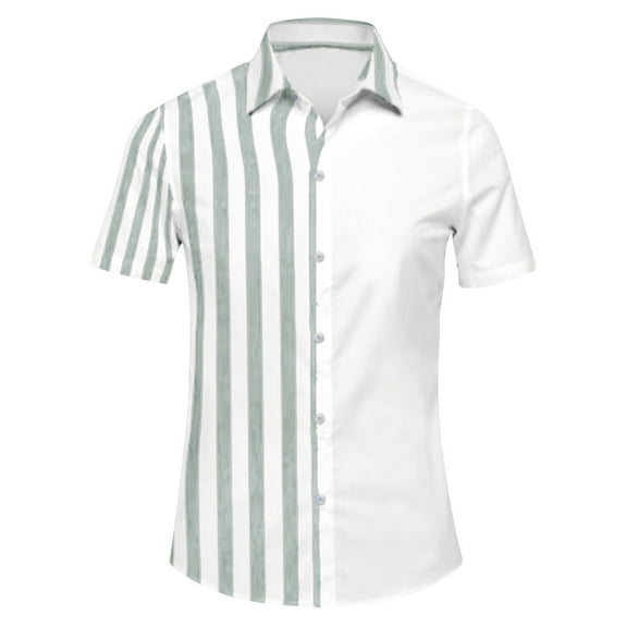 Men's Stripe Button Down Dress Shirt Fashion Short Sleeve Casual Shirts Color Blocking Blouses