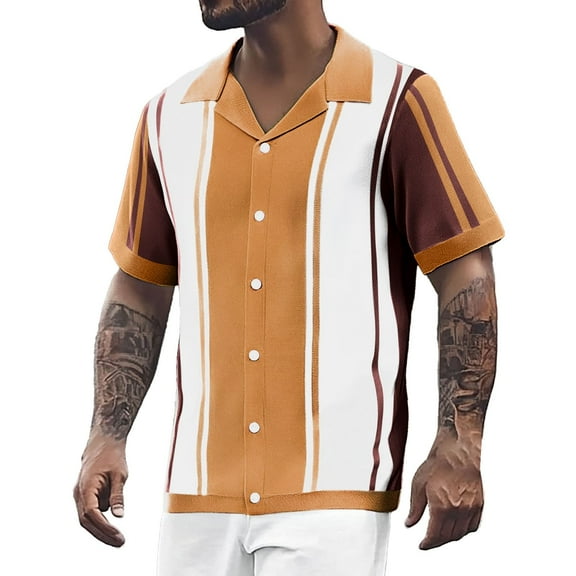Men's Stripe Button Down Knit Shirts Short Sleeve Beach Shirts Knitted Shirt Cardigan Sweate Fashion Button Men S Big And Tall Corduroy Shirt Men Long Sleeve Tee Shirts for Men Mens Thermal Long