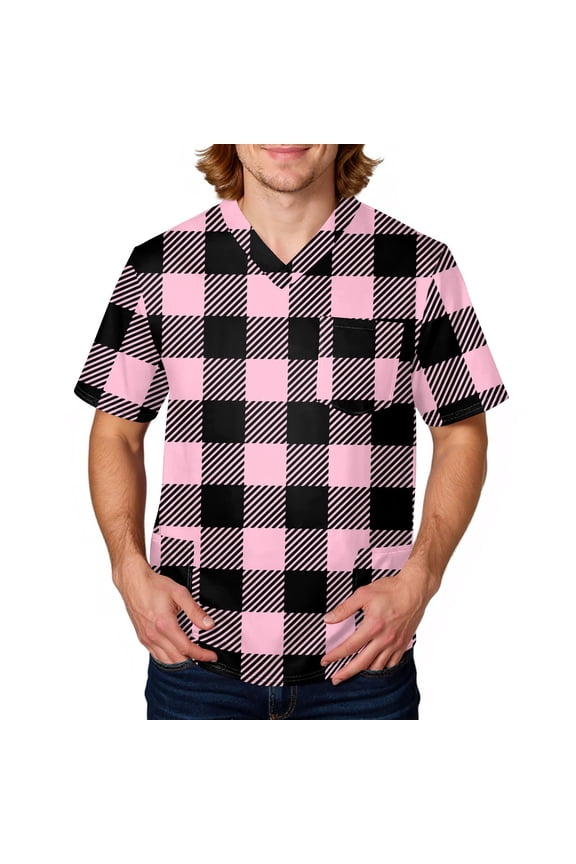 Men's Stripe Checkered Print Top with V-Neck and Pockets, Comfort Fit for Care and Daily Work, Casual Shirt for Healthcare Professionals and Daily Use,Pink,S
