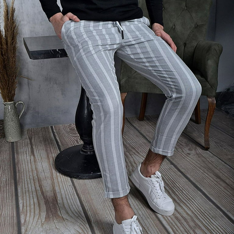 Men's Stripe Dress Pants Casual Slim Fit Stretch Tapered Trousers