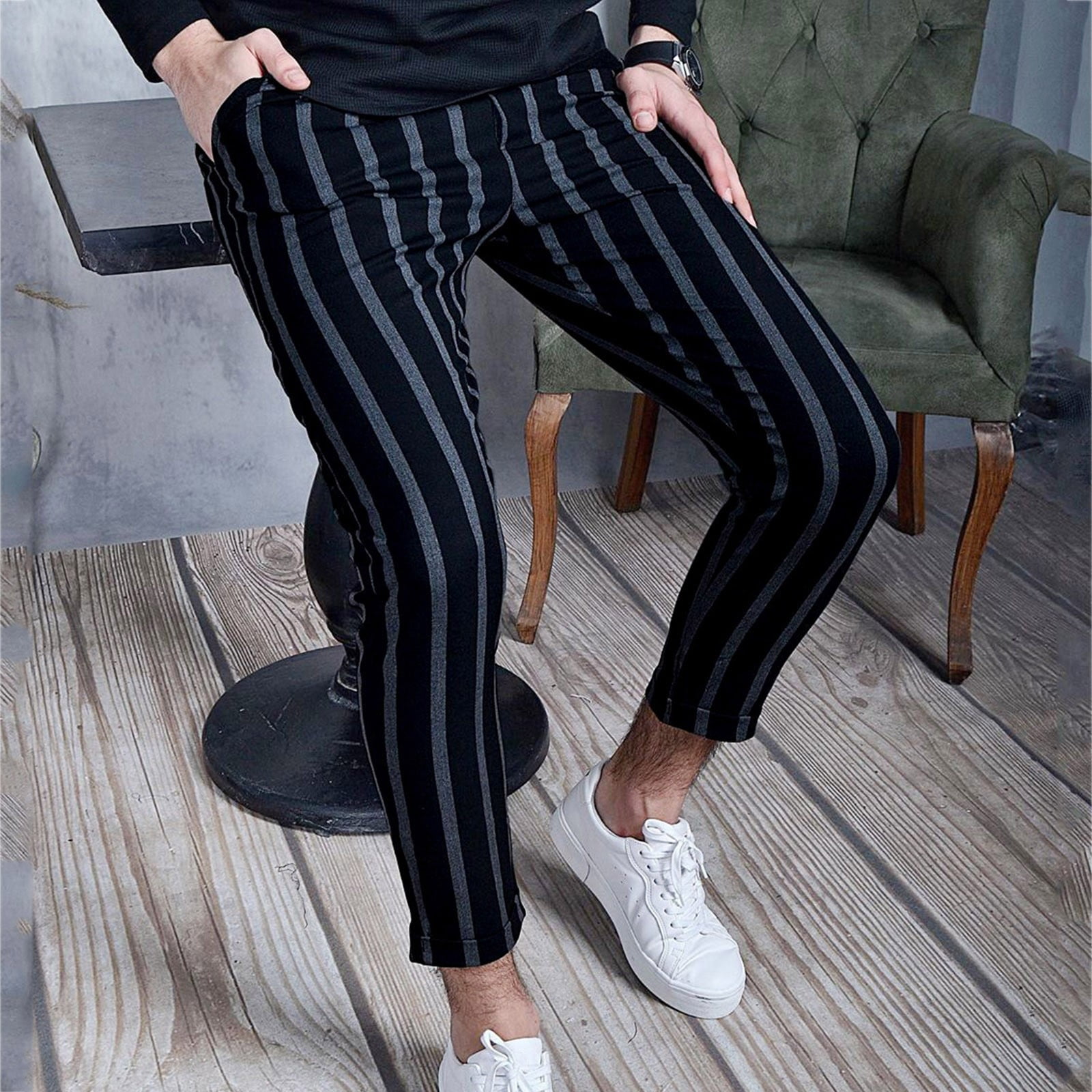 Men's Stripe Dress Pants Casual Slim Fit Stretch Tapered Trousers