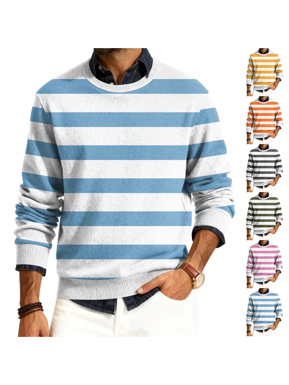 Men's Stripe Print Round Neck Long Sleeve Ribbed Knit Pullover, Sweater for Business Casual, Office Wear and Smart Style,Yellow,S