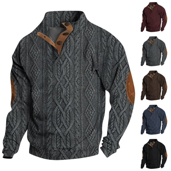 Men's Stripe Print Stand Collar Sweatshirt with 3 Buttons, Outdoor Casual Button Front Pullover for Spring Fall,Wine,XL