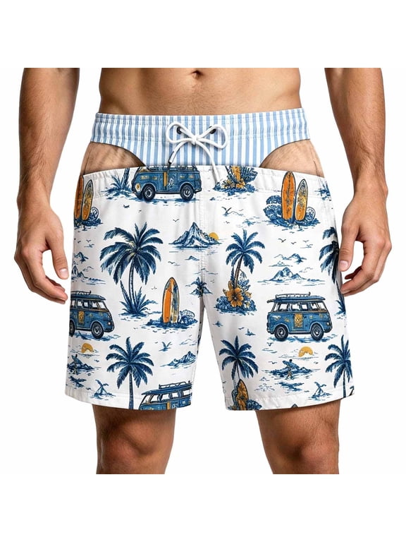 Men's Stripe Swim Trunks Funny 3D Print Novelty Quick Dry Board Shorts with Drawstring Beach Vacation Shorts