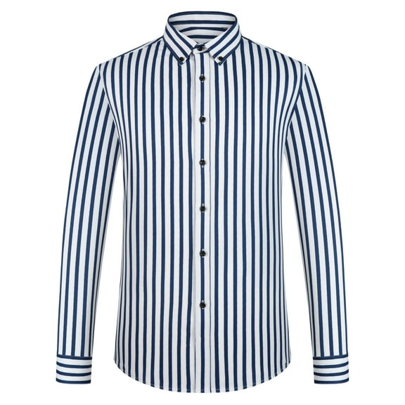 Men's Striped Button-Down Collar Iron-Free Stretch Dress Shirt, Long Sleeve All-Season Casual