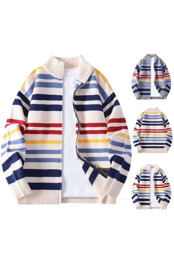 Men's Striped Cardigan Sweaters Long Sleeve Stand Up Collar Patchwork Knitted Cardigan Unisex Outwear Knitted Coats Loose Sweater Outerwear