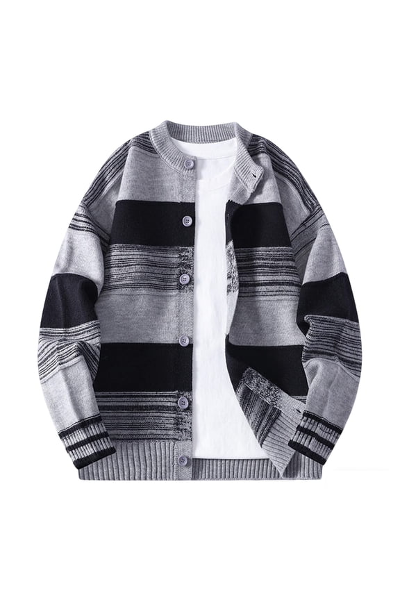 Men's Striped Cardigan Sweaters Long Sleeve Stand Up Collar Patchwork Knitted Cardigan Unisex Outwear Knitted Coats Loose Sweater Outerwear