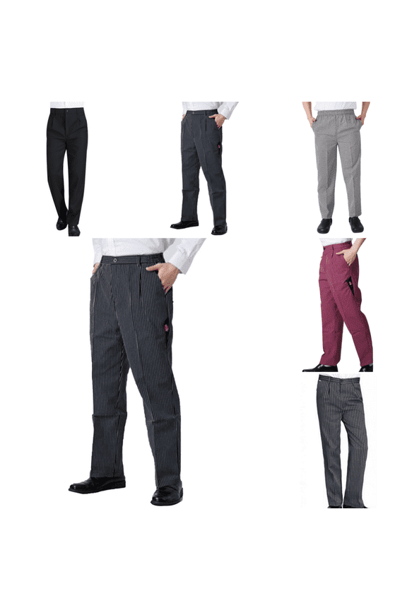 Men’s Striped Chef Work Pants, Elastic Waist Durable Uniform Trousers for Kitchen & Restaurant Dark Gray M