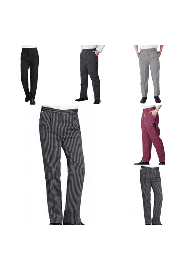Men’s Striped Chef Work Pants, Elastic Waist Durable Uniform Trousers for Kitchen & Restaurant Zebra L