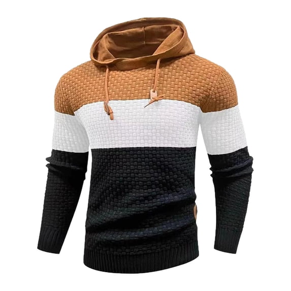 Men's Striped Color Block Hoodies Long Sleeve Casual Drawstring Fashion Waffle Neck Pullover Hooded Sweatshirts (XL, Khaki)