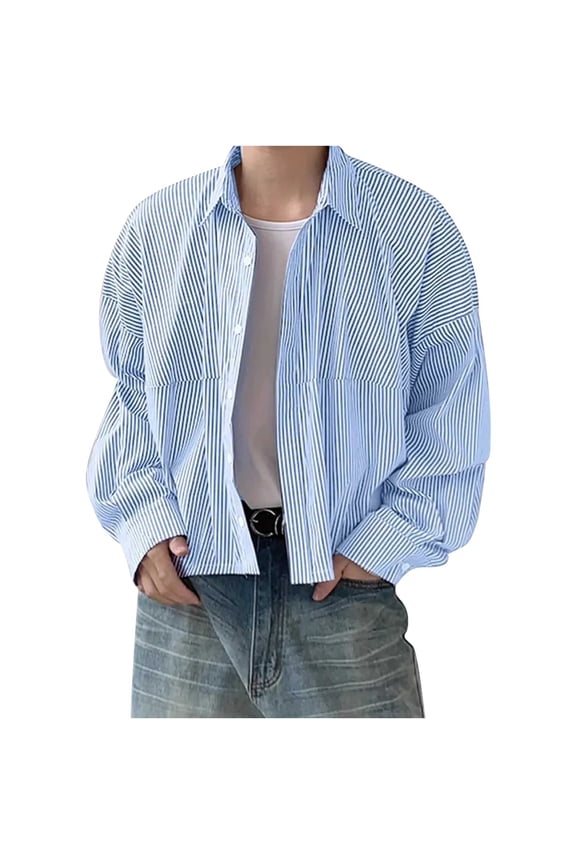 Men's Striped Crop Blouse Casual Button-Down Lapel Long-Sleeve Shirt Loose Fit Top