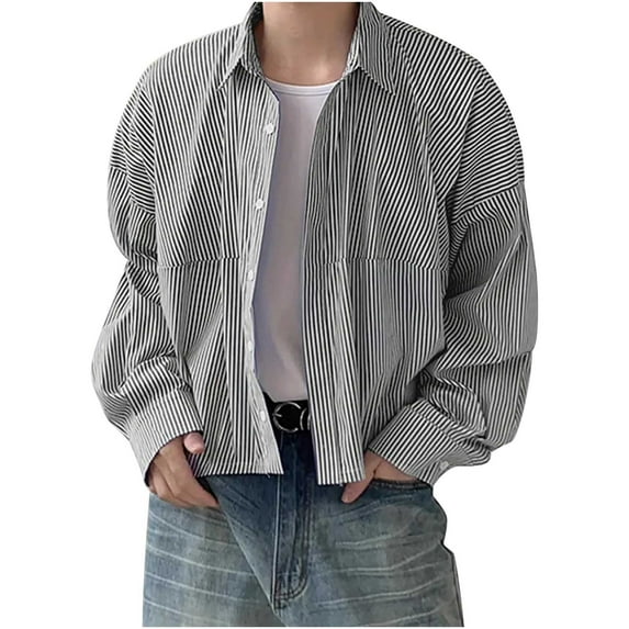 Men's Striped Crop Blouse Casual Button-Down Lapel Long-Sleeve Shirt Loose Fit Top
