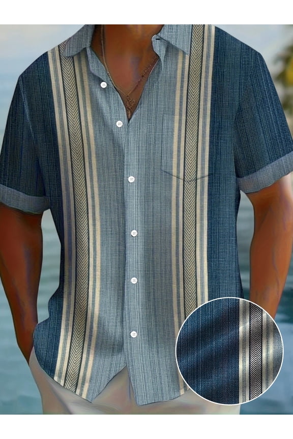 Men's Striped Cuban Guayabera Shirt - Lightweight Button-Down Summer Shirt, Bold Herringbone Stripe Patterns in Navy Blue & Khaki - Non-Stretch Fabric for Casual & Vacation Wear - Machine Washable, R
